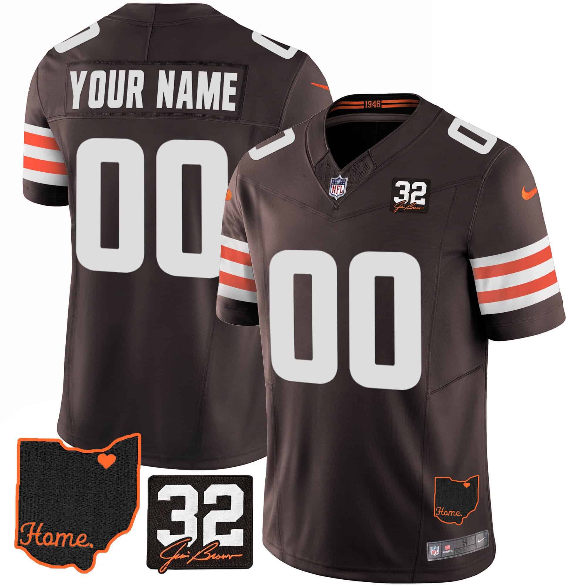 Men Cleveland Browns Brown #32 Jim Brown Memorial Home Patch Custom 2024 Nike NFL Jersey style 1